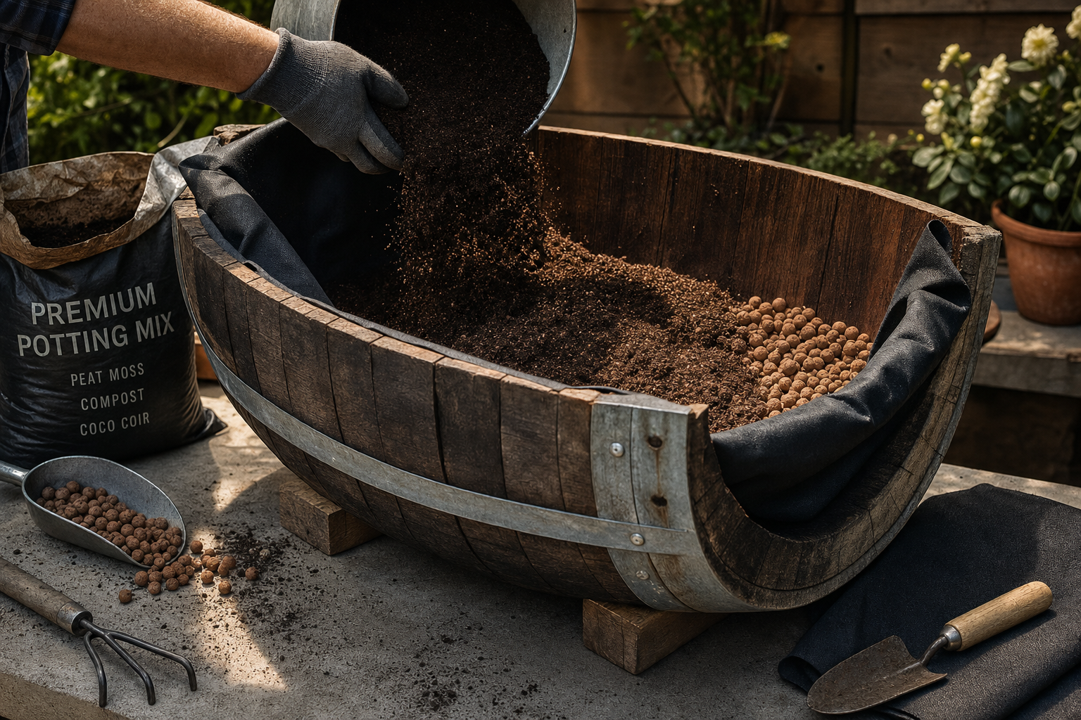 Wijnvat als plantenbak met drainage